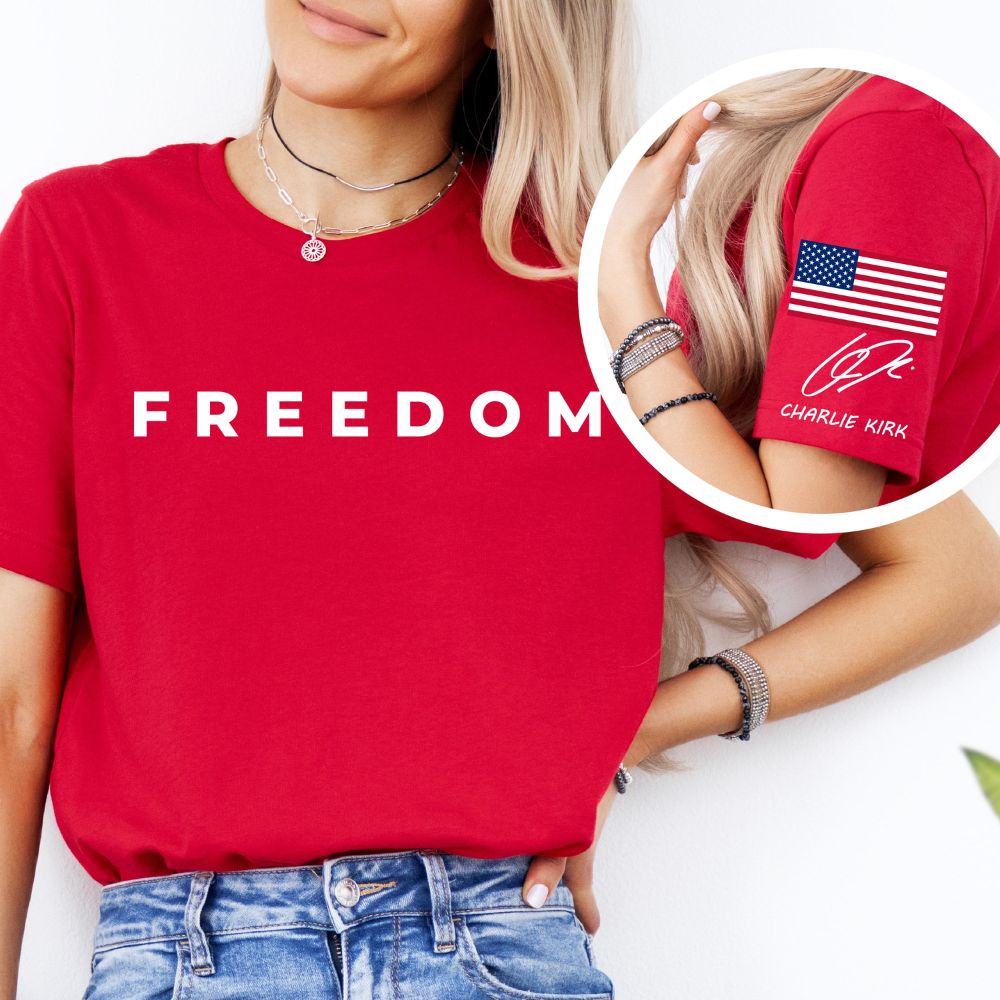 Charlie Kirk Freedom Right Sleeve Print T Shirt, American Flag, Charlie Kirk Memorial Shirt