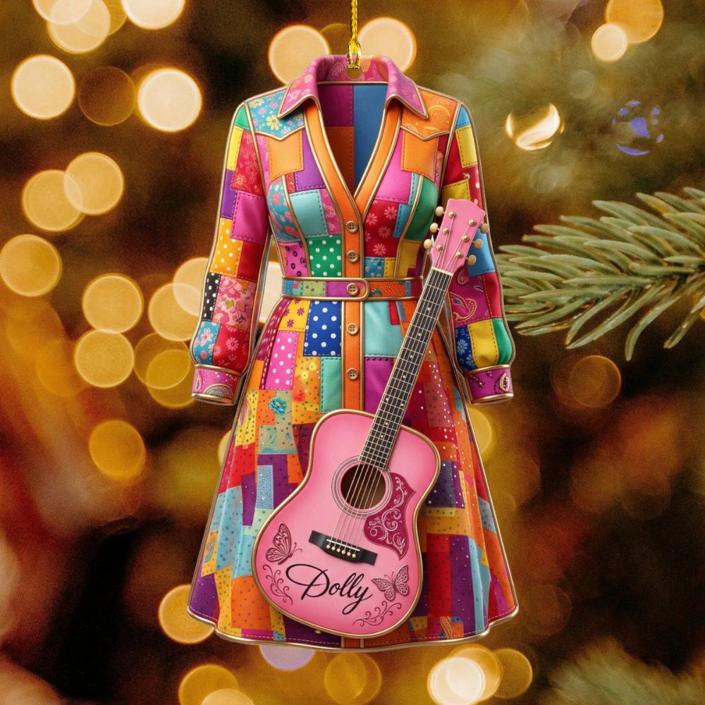 Dolly Coat of Many Colors Acrylic Ornament, Dolly Pink Guitar Ornament, Christmas Gift For Country Music Fan