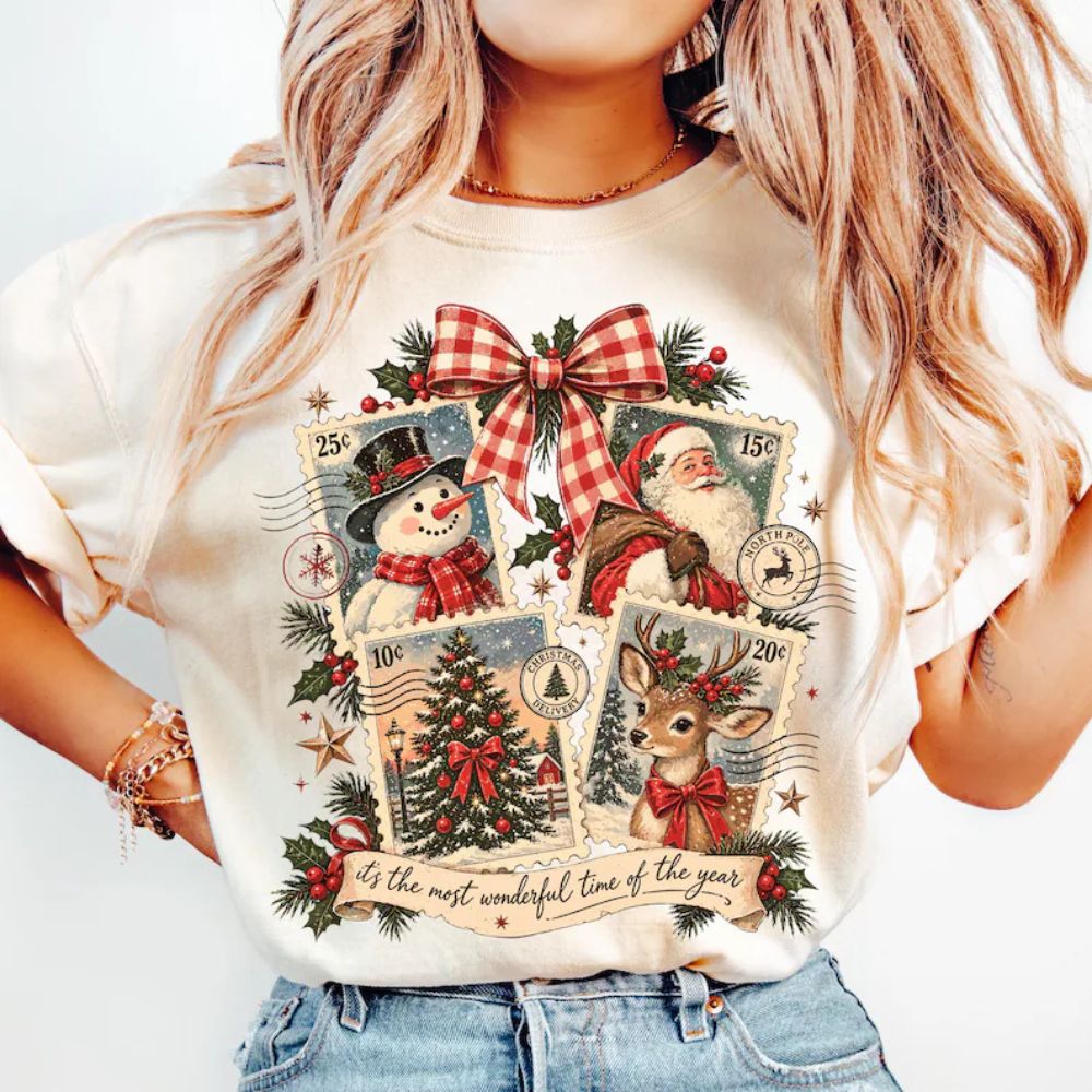 Comfort Colors Retro Christmas Stamps Shirt - Santa Clause, Rain Deer, Christmas Tree