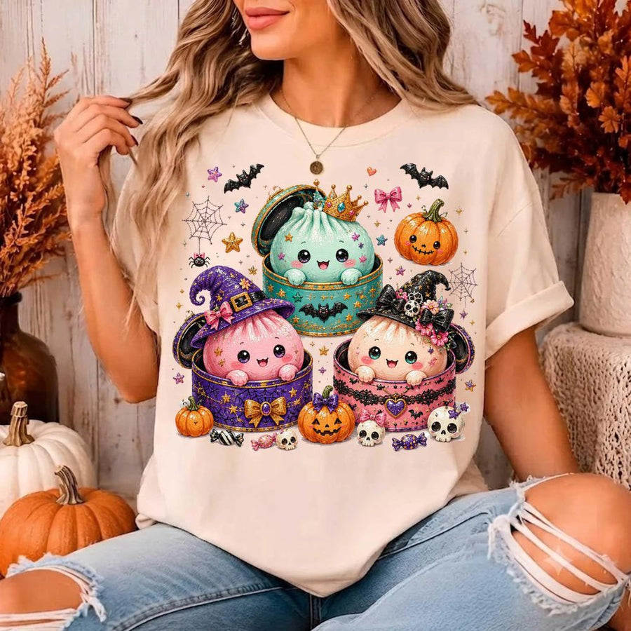 Kawaii Cute Halloween Dumpling Shirt, Halloween Pumpkin Shirt, Glitter Spooky Dumplings Shirt