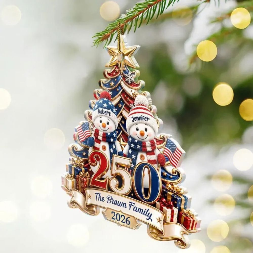 Personalized 250 Years Of Freedom Christmas Ornament, Snowman Custom Acrylic Keepsake, USA 250th Ornament