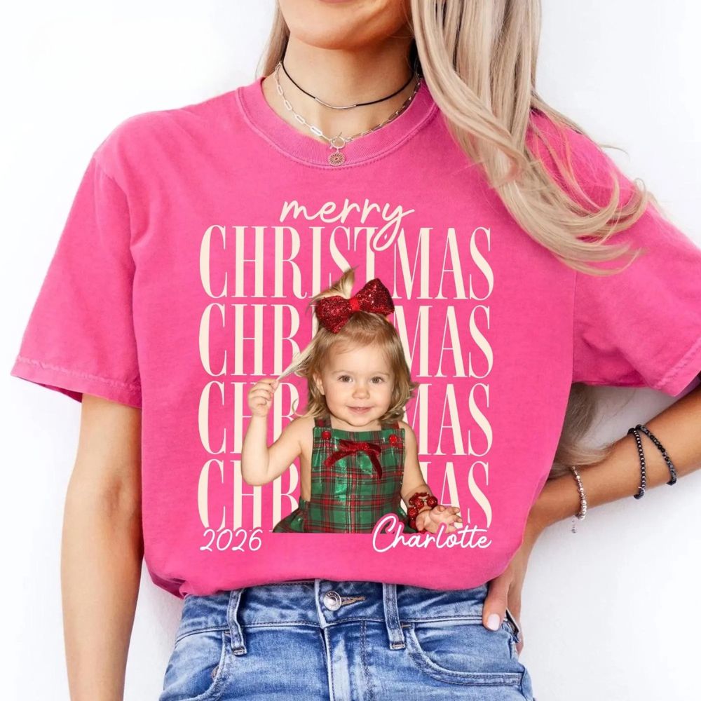 Custom Vintage Photo Christmas Comfort Shirt, Personalized Name Matching Family Party Shirts