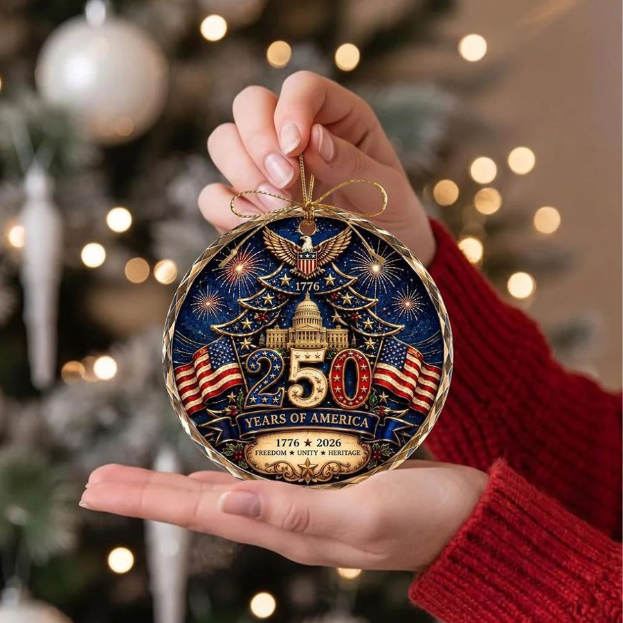 250th America Glass Ornament, Patriotic Family Christmas Ornament, USA Flag Ornament