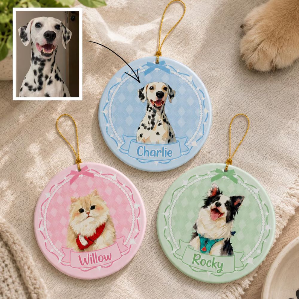 Custom Pet Photo Ornament, Personalized Watercolor Dog Cat Ornament, Pet Loss Memorial Gift, Sympathy Gift