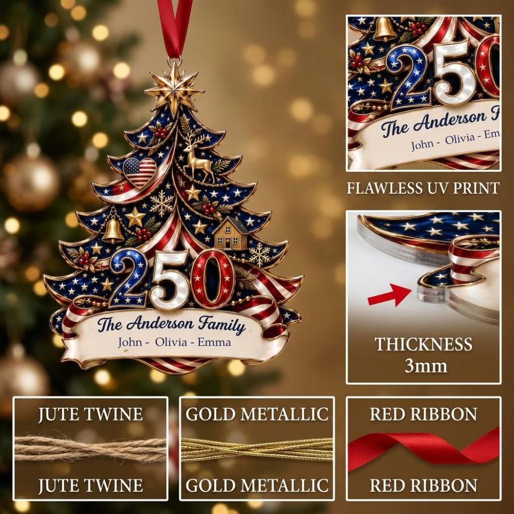 Personalized America 250th Anniversary Acrylic Ornament 1776-2026, Custom Family Name USA Flag Ornament