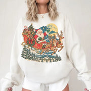Vintage Santa Sleigh Christmas Sweatshirt, Cute Reindeer Holiday Crewneck, Retro Christmas Sweater