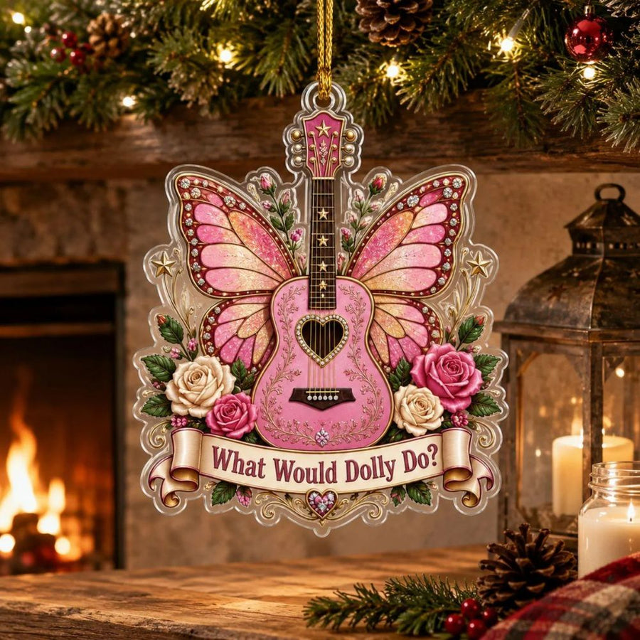 Vintage Country Music Acrylic Ornament, Dolly Pink Guitar Ornament, Christmas Gift For Country Music Fan
