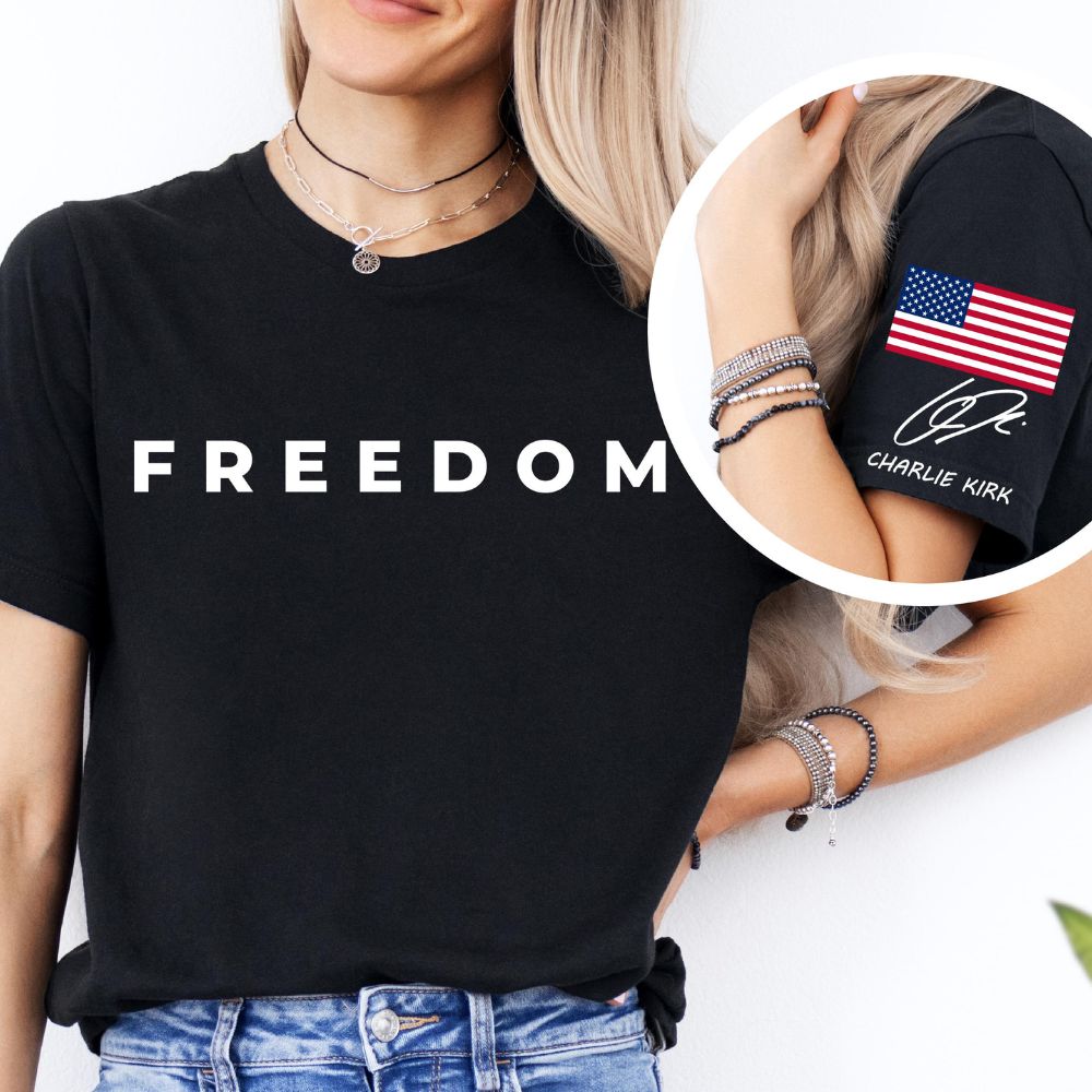 Charlie Kirk Freedom Right Sleeve Print T Shirt, American Flag, Charlie Kirk Memorial Shirt
