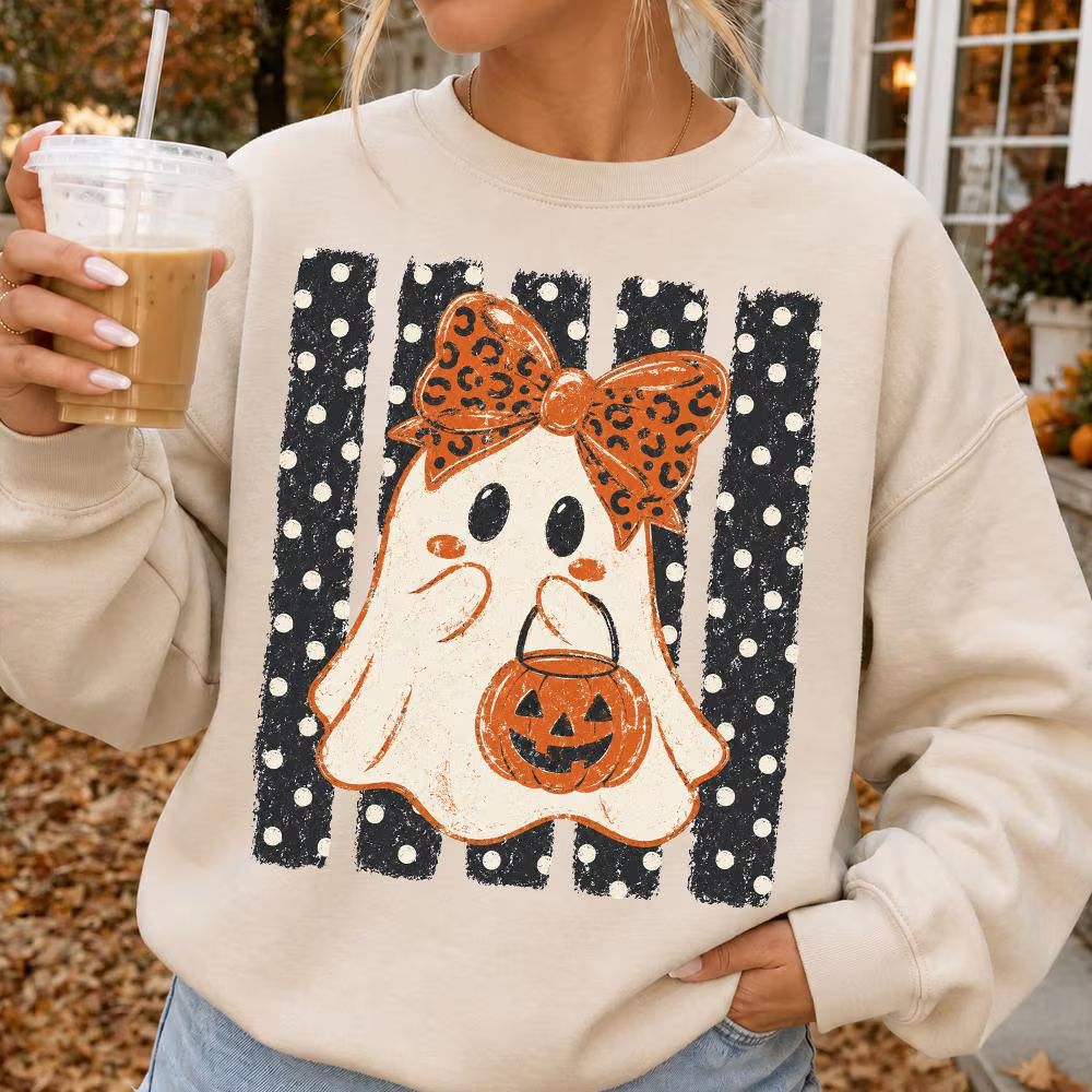 Preppy Halloween Ghost Polka Dots Shirt, Halloween Pumpkin Shirt, Cute Ghost Boo, Spooky Season
