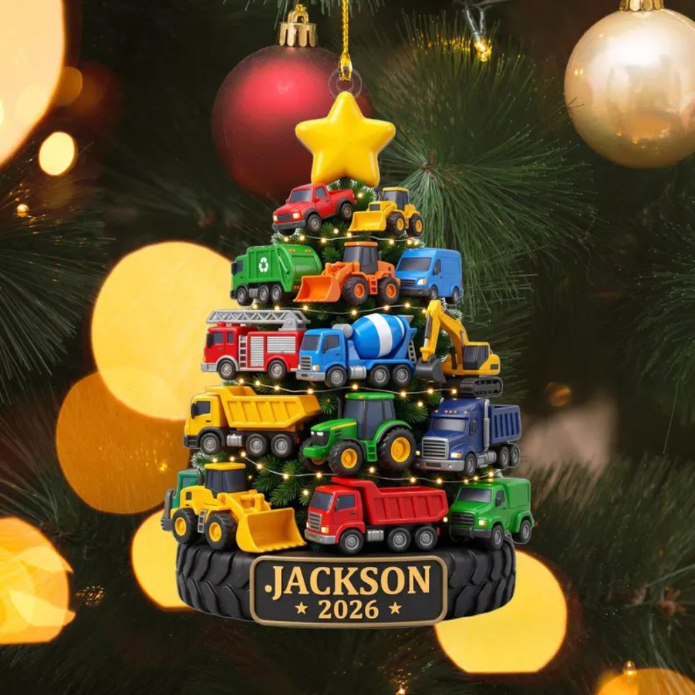 Personalized Construction Truck Ornament, Toddler Boy Christmas Keepsake, Little Boy Vehicle Decor