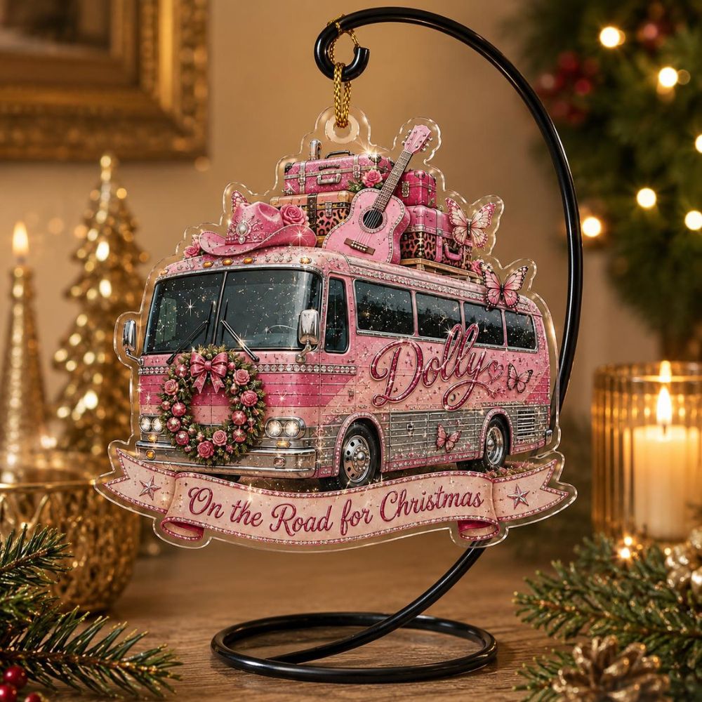 Dolly Parton Tour Bus Acrylic Ornament, Pink Guitar Cowgirl Christmas Ornament, Holiday Tree Decor Gift