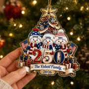 Personalized 250 Years Of Freedom Christmas Ornament, Snowman Custom Acrylic Keepsake, USA 250th Ornament