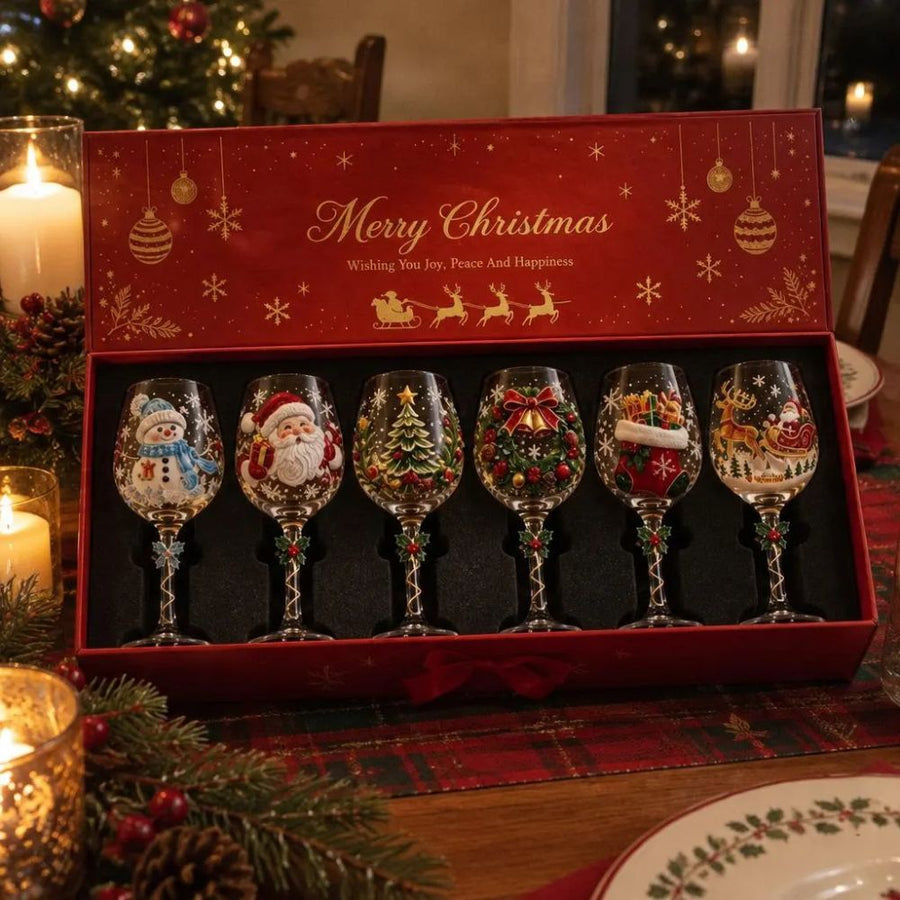 Christmas Wine Glasses Set of 6, Painted Holiday Wine Glass, Santa Snowman Wreath Glasses, Christmas Gift Box, Festive Glassware