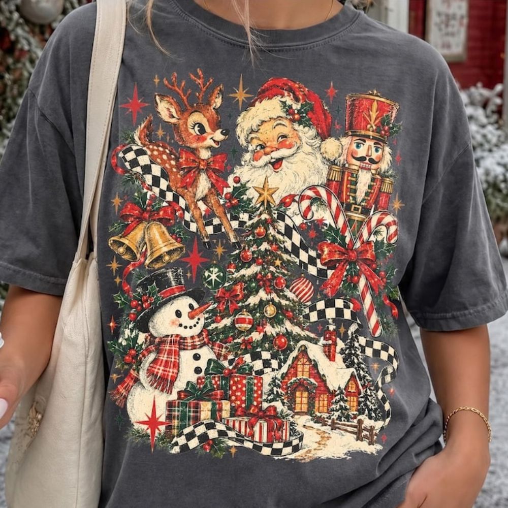 Retro Christmas, Vintage Christmas Collage, Santa Reindeer Nutcracker Snowman, Distressed Christmas
