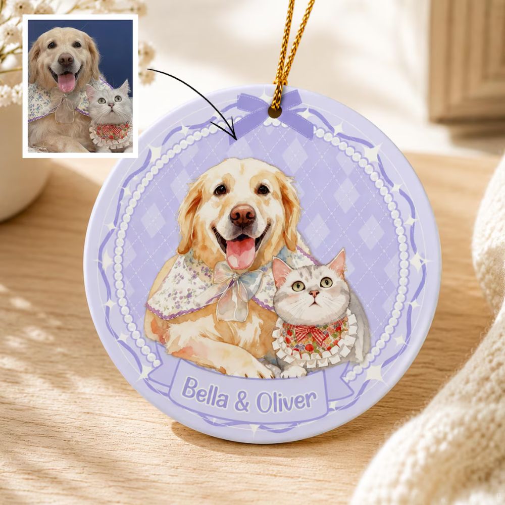 Custom Pet Photo Ornament, Personalized Watercolor Dog Cat Ornament, Pet Loss Memorial Gift, Sympathy Gift