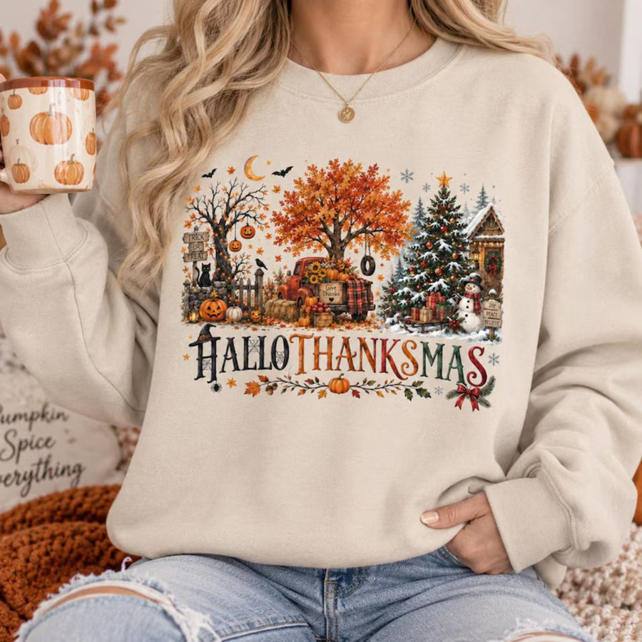 Happy Hallothanksmas Sweatshirt, Halloween Thanksgiving Christmas Shirt, Fall Autumn Shirt