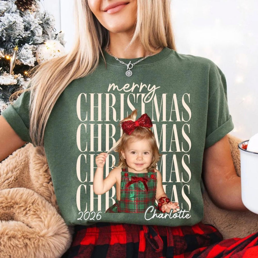 Custom Vintage Photo Christmas Comfort Shirt, Personalized Name Matching Family Party Shirts