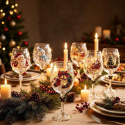 Christmas Wine Glasses Set of 6, Painted Holiday Wine Glass, Santa Snowman Wreath Glasses, Christmas Gift Box, Festive Glassware