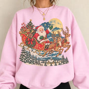 Vintage Santa Sleigh Christmas Sweatshirt, Cute Reindeer Holiday Crewneck, Retro Christmas Sweater