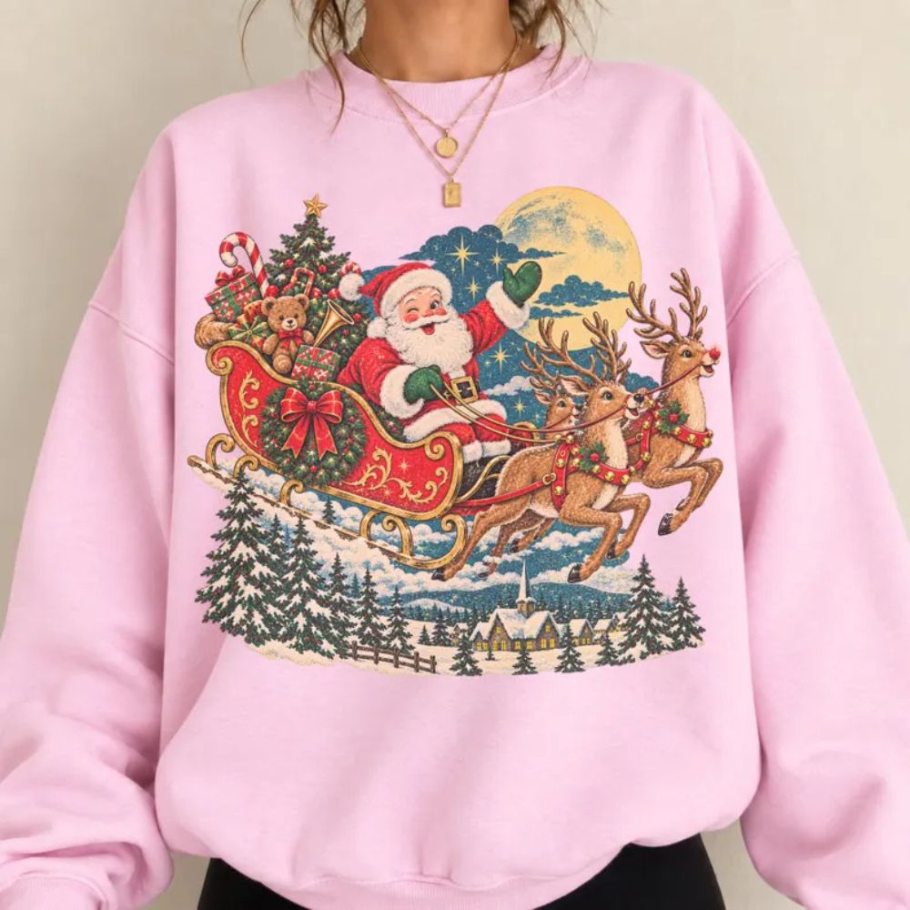 Vintage Santa Sleigh Christmas Sweatshirt, Cute Reindeer Holiday Crewneck, Retro Christmas Sweater