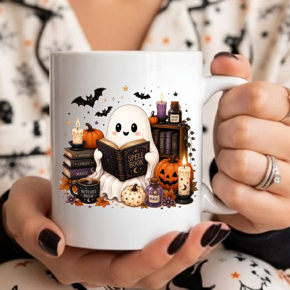Boo Spell Book Mug, Halloween Ceramic Mug, Spooky Season Coffee Cup, Gift For Book Lovers
