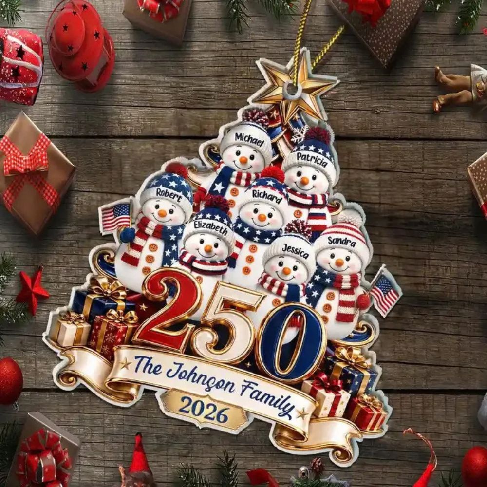 Personalized 250 Years Of Freedom Christmas Ornament, Snowman Custom Acrylic Keepsake, USA 250th Ornament