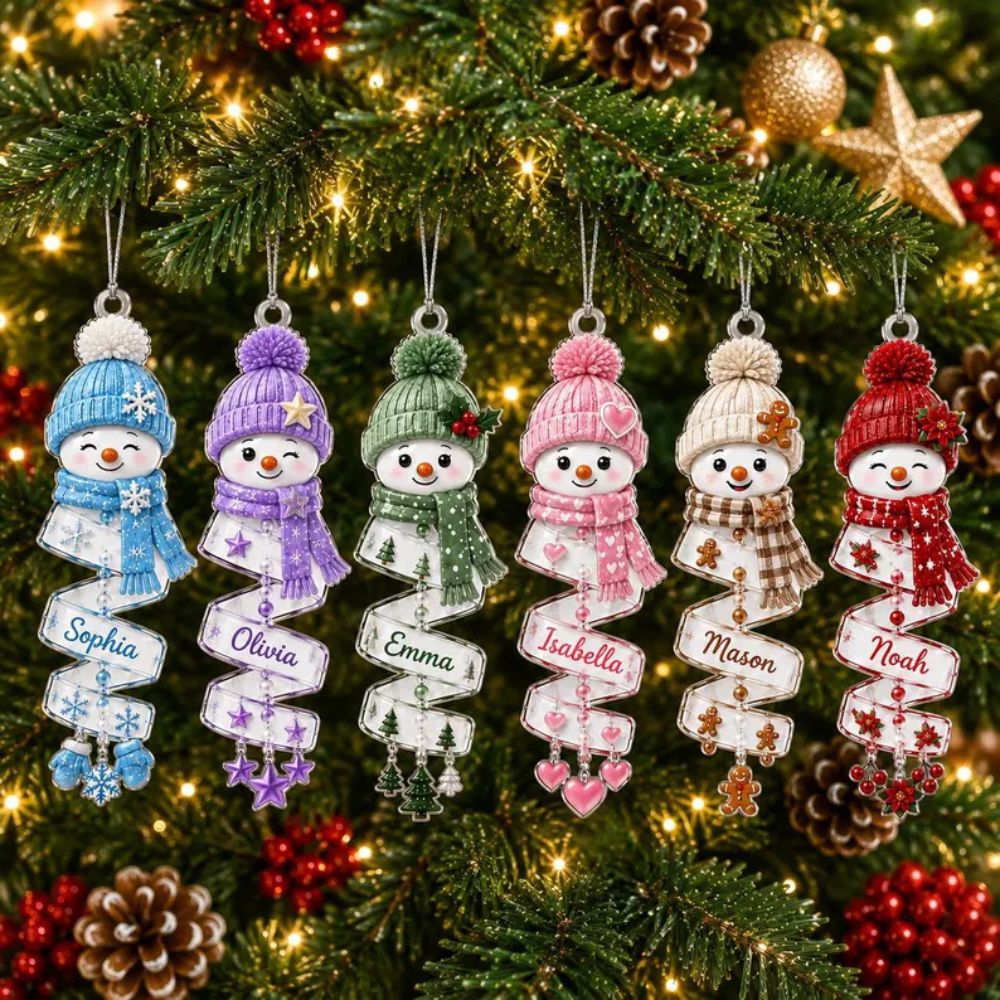 Christmas Snowman Spiral Ornament, Personalized Acrylic Ornament, Custom Name Snowman Ornament