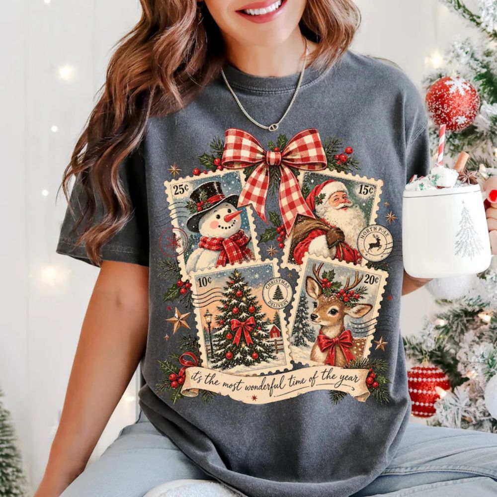Comfort Colors Retro Christmas Stamps Shirt - Santa Clause, Rain Deer, Christmas Tree