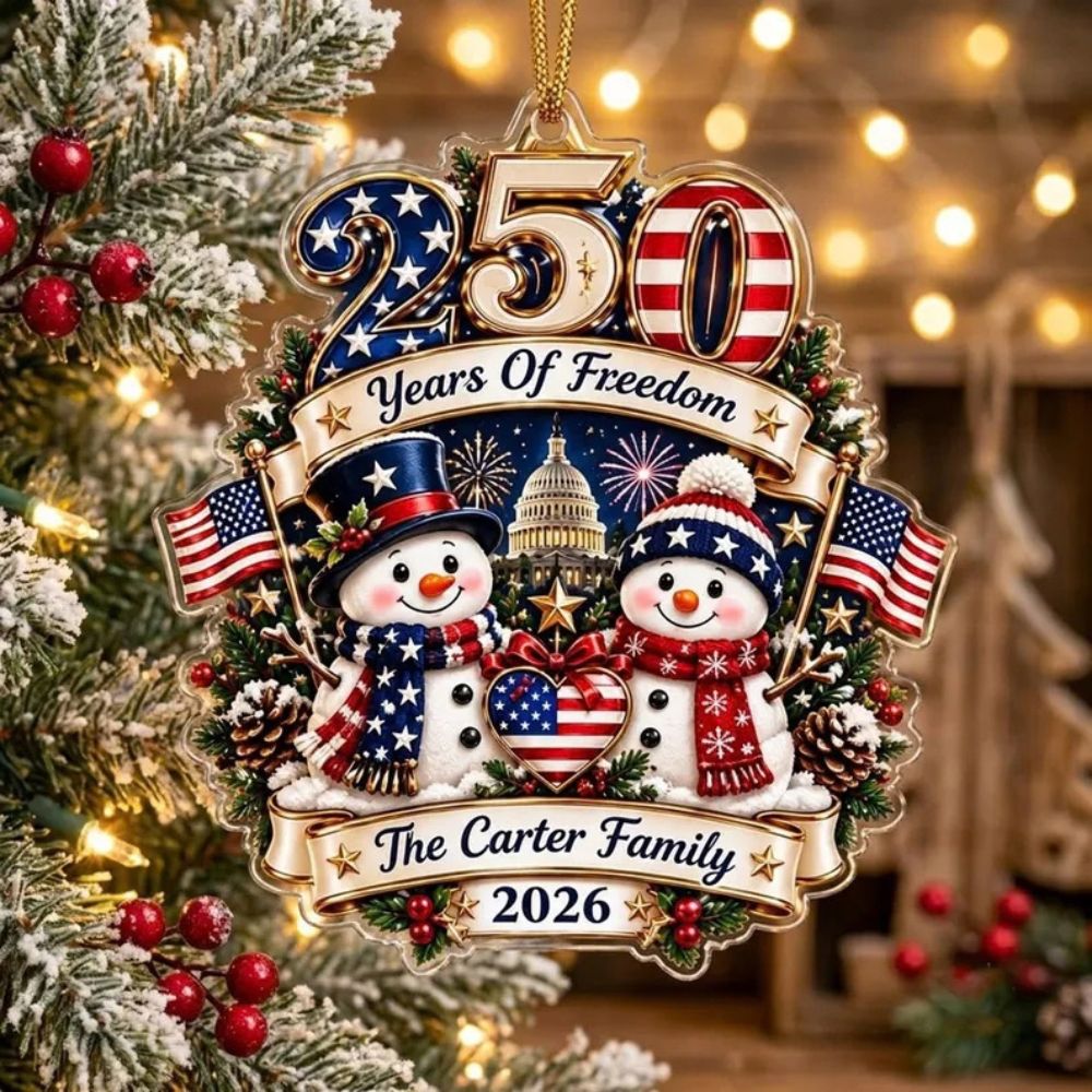 Personalized 250 Years of Freedom Christmas Ornament, Custom Family Name Acrylic Keepsake, America 250th Patriotic Holiday Gift