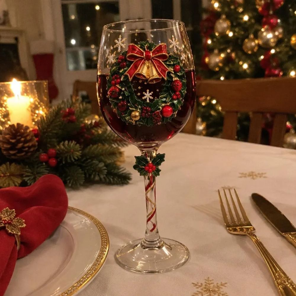 Christmas Wine Glasses Set of 6, Painted Holiday Wine Glass, Santa Snowman Wreath Glasses, Christmas Gift Box, Festive Glassware