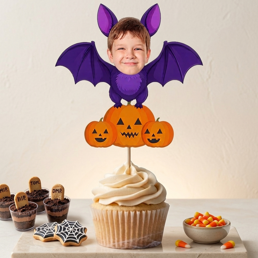 Custom Photo With Bat Cupcake Topper, Personalized Cupcake Topper, Funny Party Decor