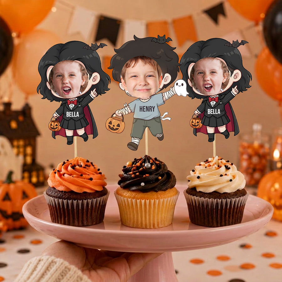 Custom Photo With Halloween Characters Cupcake Topper, Personalized Cupcake Topper, Funny Party Decorations