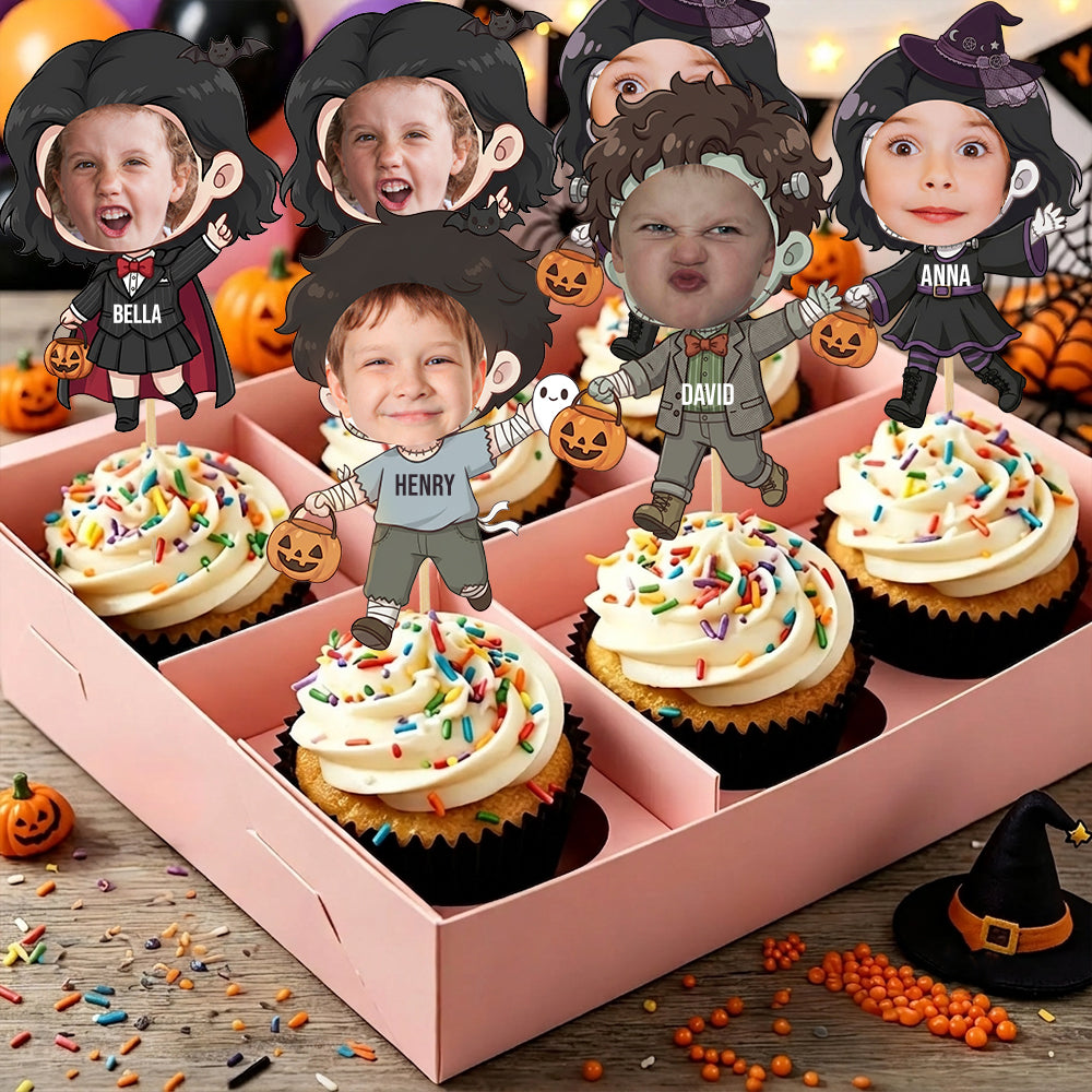 Custom Photo With Halloween Characters Cupcake Topper, Personalized Cupcake Topper, Funny Party Decorations