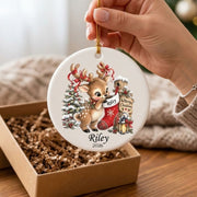 Bow Reindeer Ornament, Personalized Ceramic Ornament, Custom Gift For Christmas