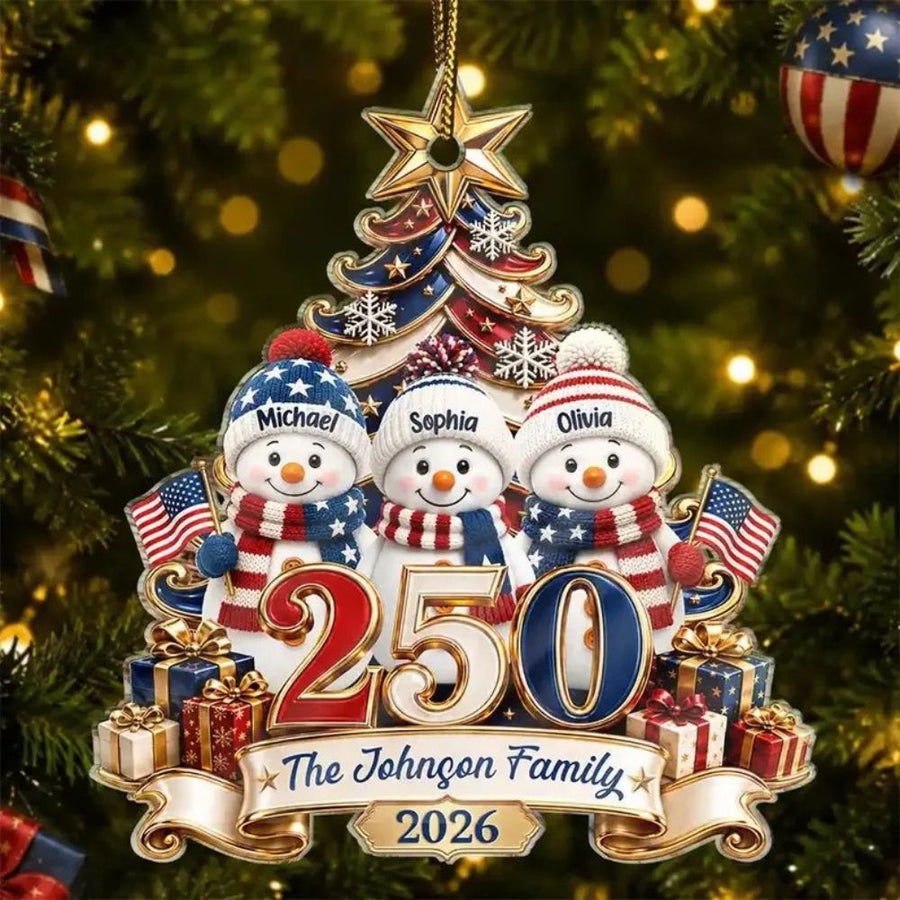 Personalized 250 Years Of Freedom Christmas Ornament, Snowman Custom Acrylic Keepsake, USA 250th Ornament