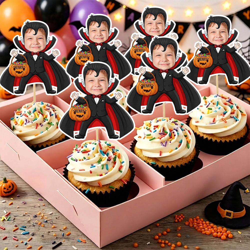 Custom Photo With Dracula Cupcake Topper, Personalized Cupcake Topper, Funny Party Decorations