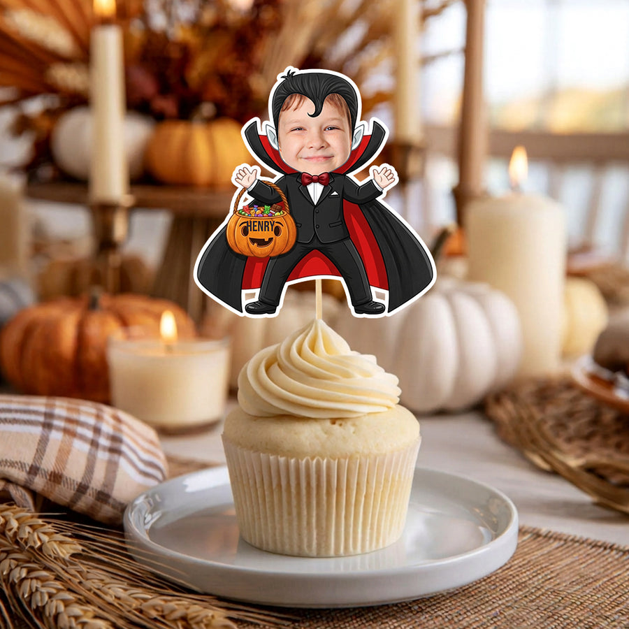 Custom Photo With Dracula Cupcake Topper, Personalized Cupcake Topper, Funny Party Decorations