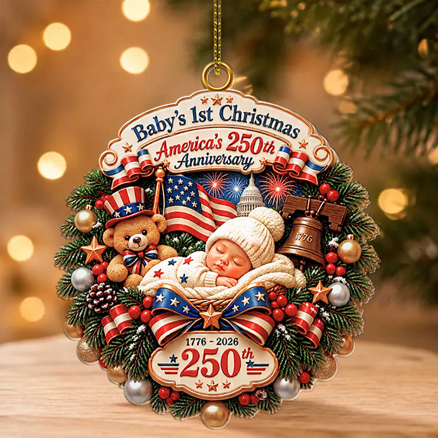 Personalized Baby's 1st Christmas, 250th America Anniversary Acrylic Ornament, New Baby Ornament, Patriotic Ornament Gift