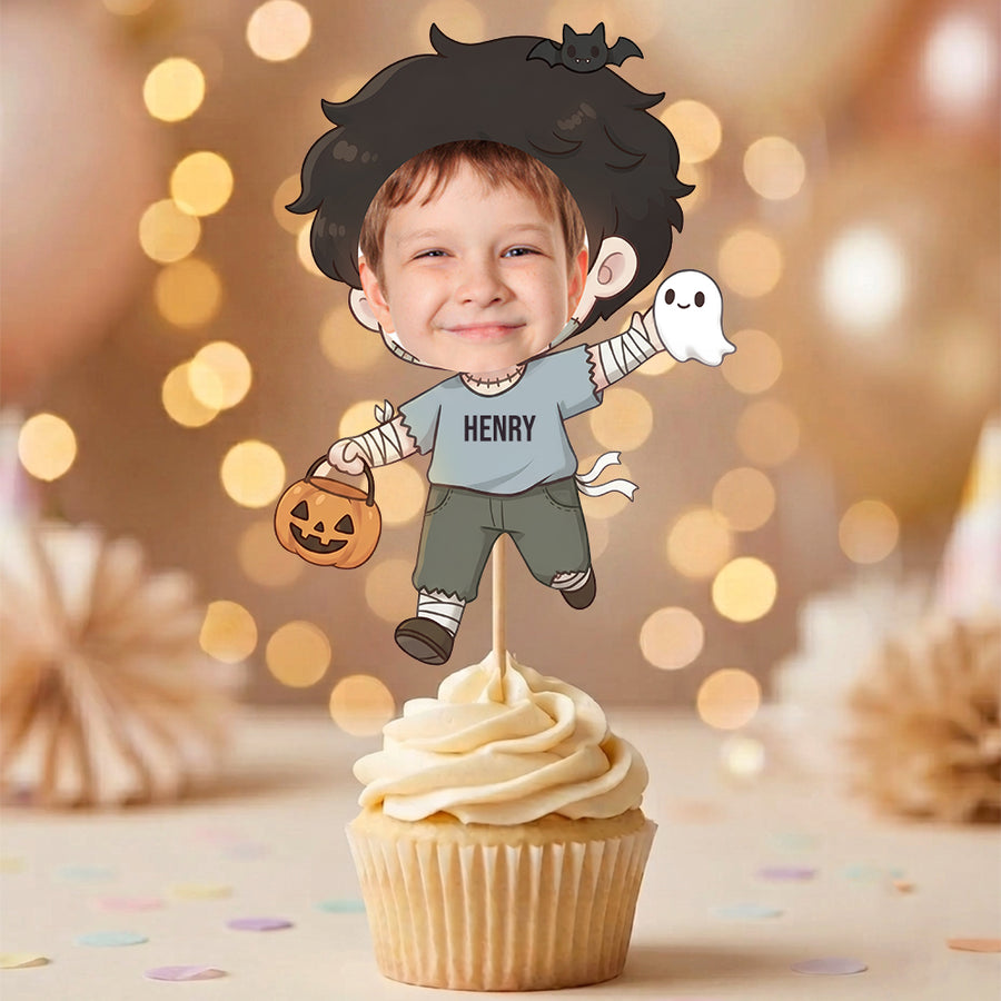 Custom Photo With Halloween Characters Cupcake Topper, Personalized Cupcake Topper, Funny Party Decorations