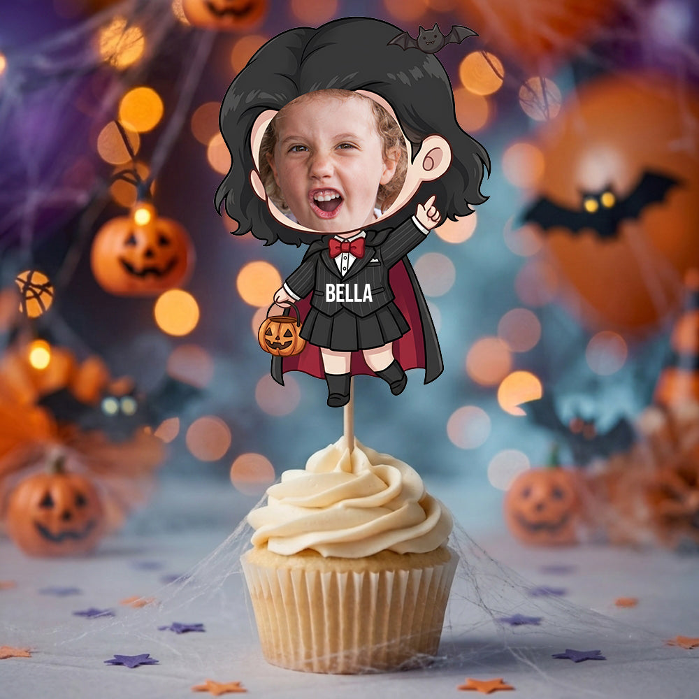 Custom Photo With Halloween Characters Cupcake Topper, Personalized Cupcake Topper, Funny Party Decorations