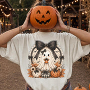 Boo With Bow Tee, Halloween Comfort Shirt, Cute Ghost Pumpkin, Autumn Harvest Vintage Halloween Shirt