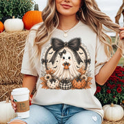 Boo With Bow Tee, Halloween Comfort Shirt, Cute Ghost Pumpkin, Autumn Harvest Vintage Halloween Shirt