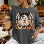 Boo With Bow Tee, Halloween Comfort Shirt, Cute Ghost Pumpkin, Autumn Harvest Vintage Halloween Shirt