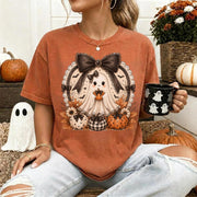 Boo With Bow Tee, Halloween Comfort Shirt, Cute Ghost Pumpkin, Autumn Harvest Vintage Halloween Shirt