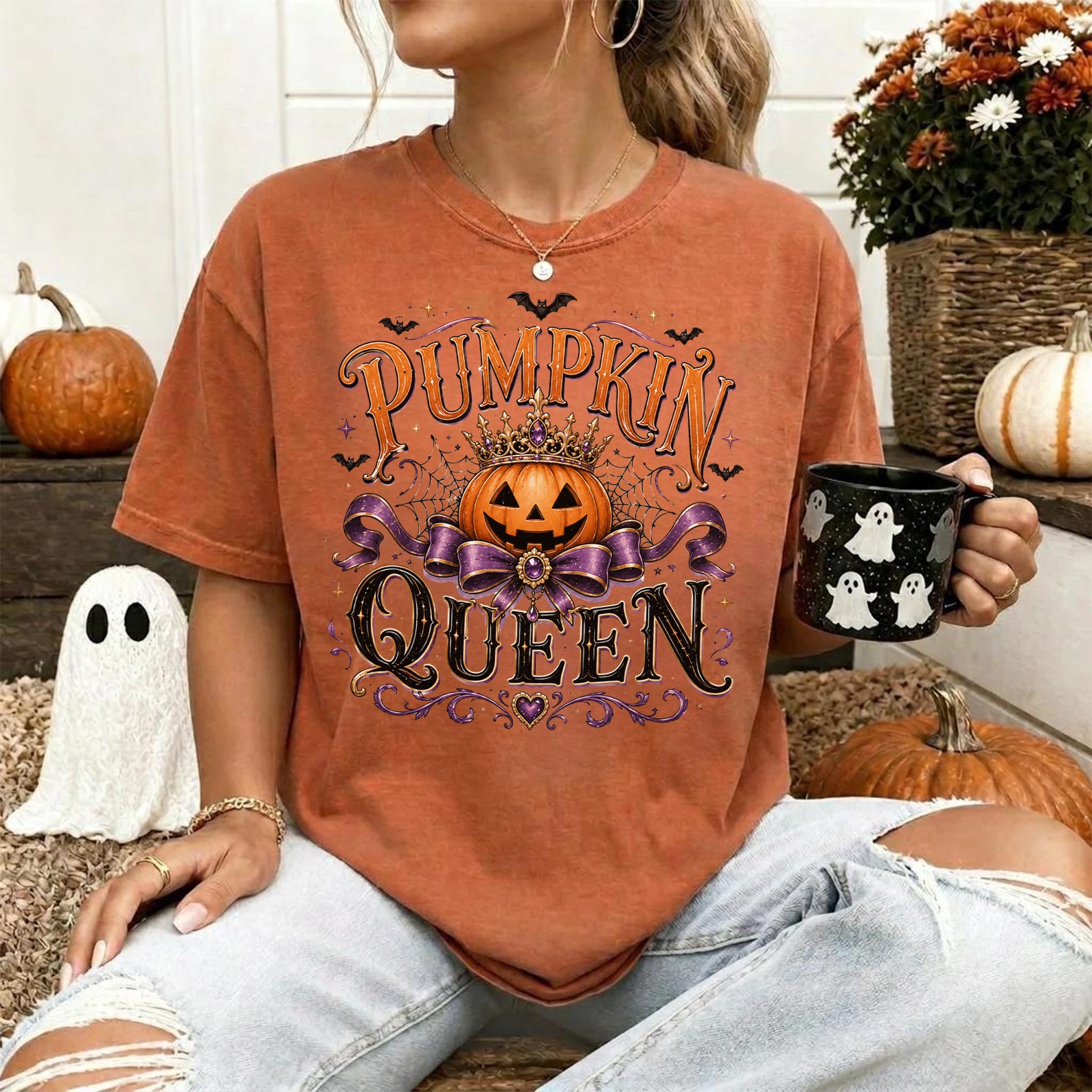 Pumpkin Queen Halloween Comfort Shirt, Spooky Haunted House Tee, Spooky Season Fall