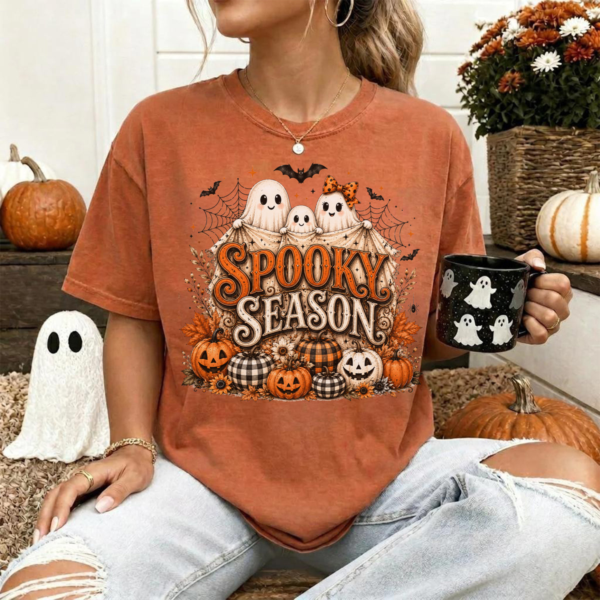 Spooky Season Tee, Halloween Comfort Shirt, Cute Ghost Pumpkin, Autumn Harvest Vintage Halloween Shirt