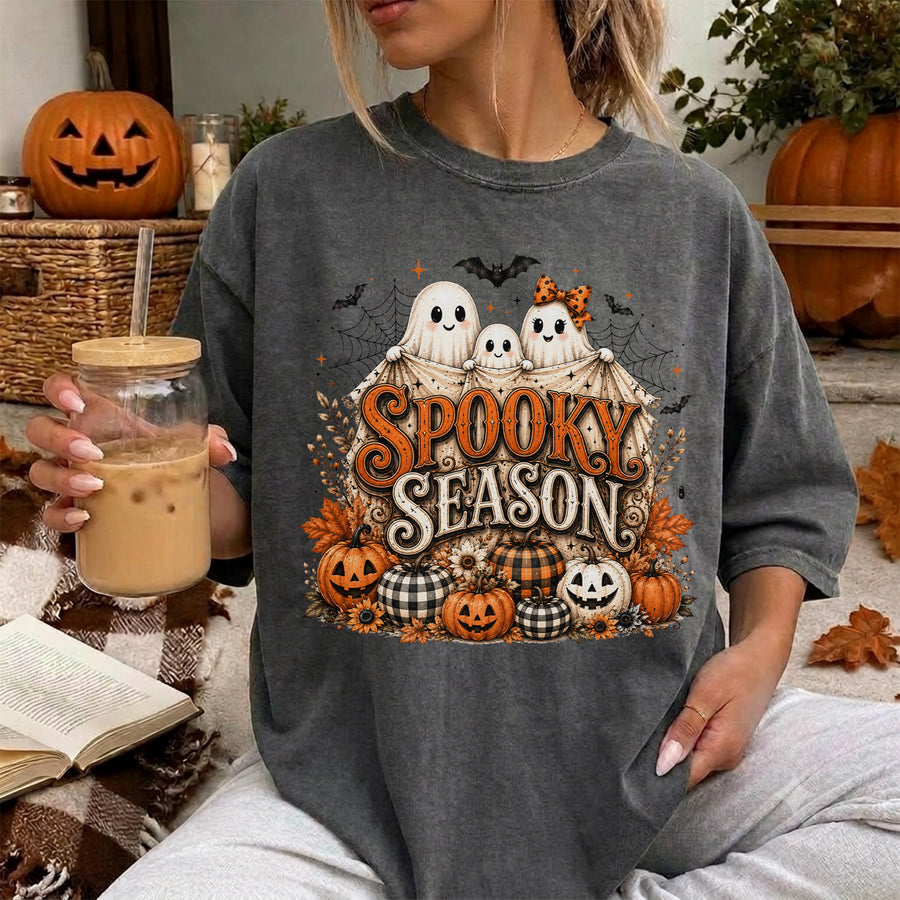 Spooky Season Tee, Halloween Comfort Shirt, Cute Ghost Pumpkin, Autumn Harvest Vintage Halloween Shirt