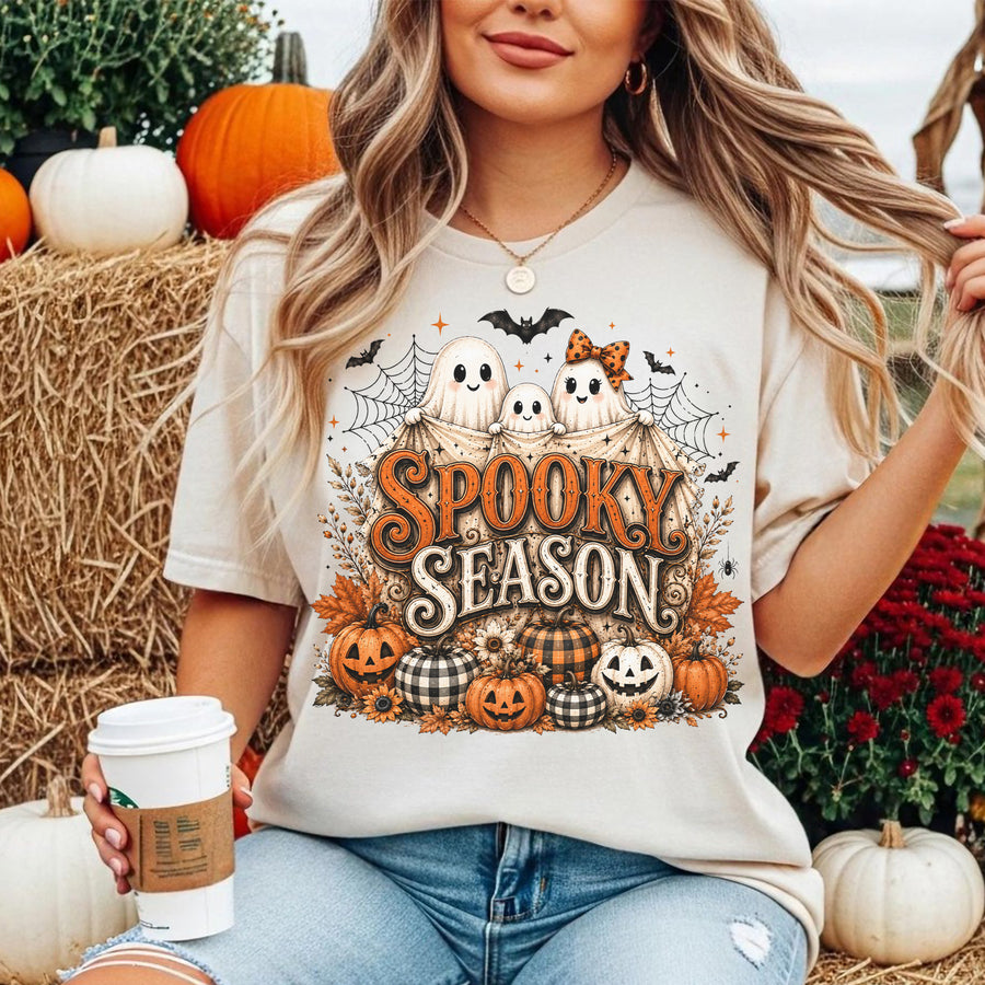 Spooky Season Tee, Halloween Comfort Shirt, Cute Ghost Pumpkin, Autumn Harvest Vintage Halloween Shirt