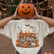 Spooky Season Tee, Halloween Comfort Shirt, Cute Ghost Pumpkin, Autumn Harvest Vintage Halloween Shirt