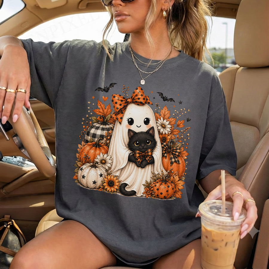 Cute Ghost Pumpkin, Halloween Comfort Shirt, Autumn Harvest Vintage Halloween Shirt
